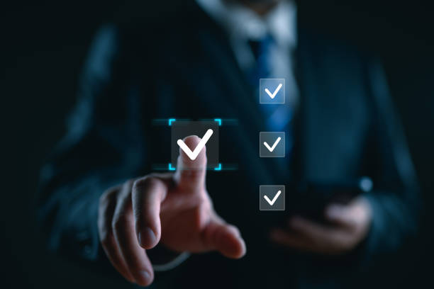 istock Business performance checklist, businessman using phone doing online checklist survey, filling out digital form checklist, take an assessment, questionnaire, evaluation, online survey, online exam. 2012076657