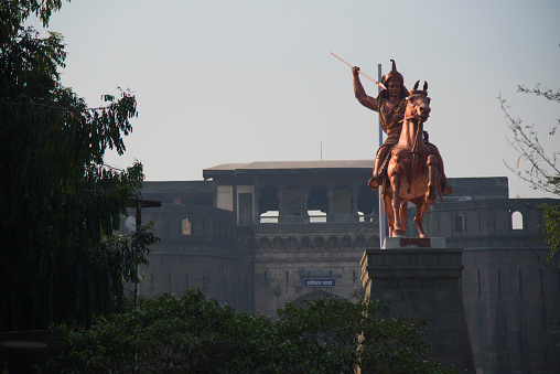 An equestrian statue of Peshwa Baji Rao I, Prime Minister of the Maratha Empire, in the Shaniwar Wada complex.