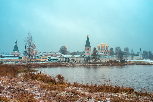 Orthodox Valdai Iveron Bogoroditsky Monastery on Selvitsky island of Lake Valdai