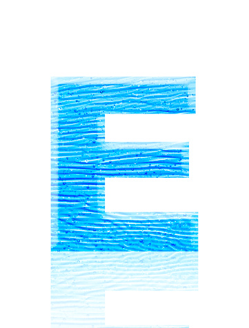 Close-up of three-dimensional blue water waves alphabet letter E on white background.