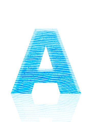 Close-up of three-dimensional blue water waves alphabet letter A on white background.
