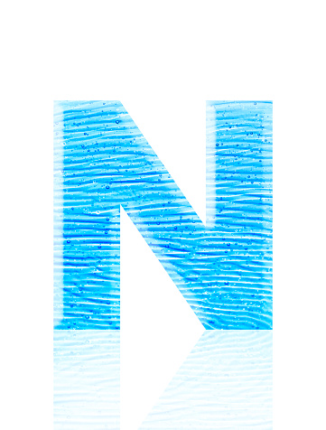 Close-up of three-dimensional blue water waves alphabet letter N on white background.