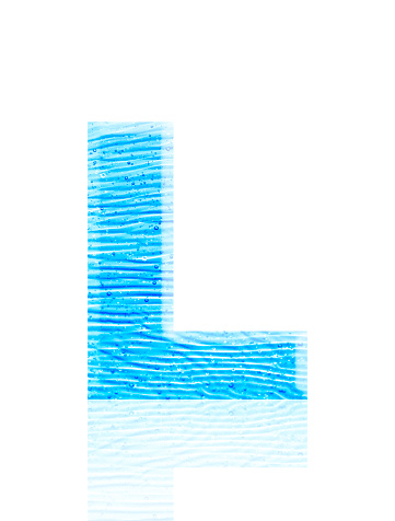 Close-up of three-dimensional blue water waves alphabet letter L on white background.