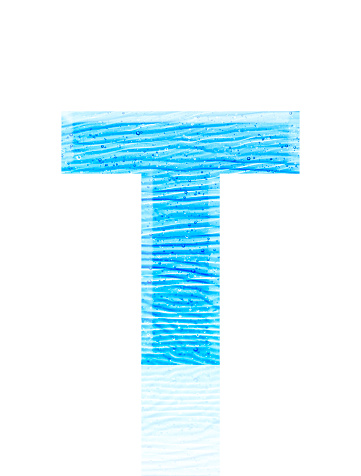 Close-up of three-dimensional blue water waves alphabet letter T on white background.
