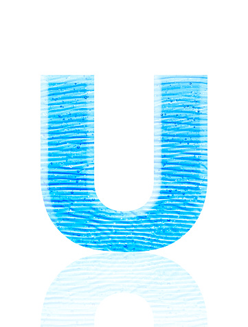 Close-up of three-dimensional blue water waves alphabet letter U on white background.