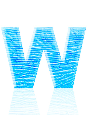 Close-up of three-dimensional blue water waves alphabet letter W on white background.