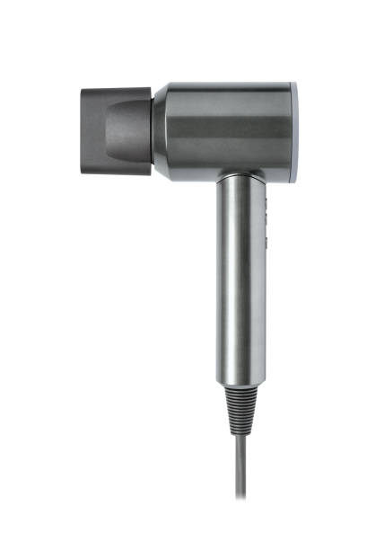 Grey hair dryer, isolated on white background.