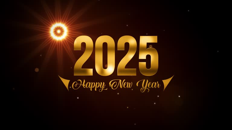 Festive Happy New Year 2025 Golden Glossy Metal Texture Lettering Design Shimmering Particles Reveal On Brown Shiny Optical Light Flare Snowflakes Falling Background