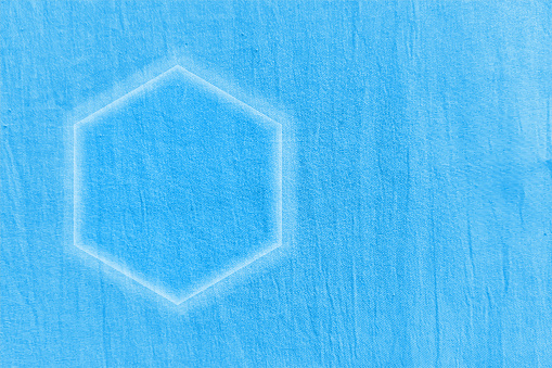 Bright blank empty light turquoise blue coloured grunge textured faded weathered smudged monochrome horizontal vector backgrounds with one big hexagon shape like benzene ring. There is no people and copy space. Can be used for science research, chemistry related scientific backdrops, brochures, web banner templates