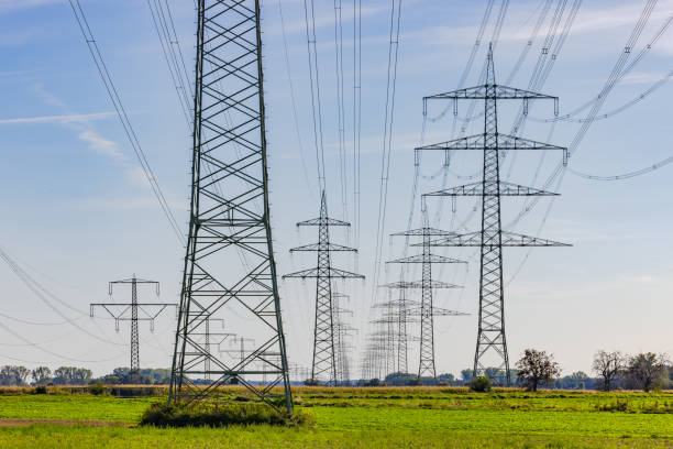 Electricity pylons and power lines as far as the horizon Excessive man-made techno spheres such as electricity pylons disfigure nature and the environment desecrate stock pictures, royalty-free photos & images