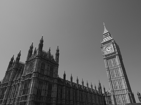 Houses of Parliament and Westminster Bridge in London, UK in black and white