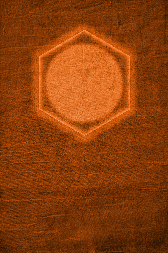 Bright blank empty dark rustic brown coloured grunge textured faded weathered smudged monochrome vertical vector backgrounds with one big hexagon shape like benzene ring. There is no people and copy space. Can be used for science research, chemistry related scientific backdrops, brochures, web banner templates