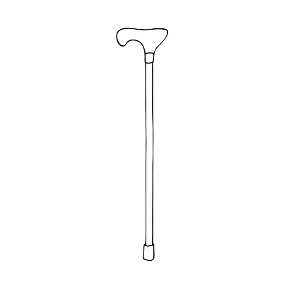 Hand-drawn Walking cane. Old arm handle healthcare crook walker tool. Broken leg cane for patient. Rehabilitation tool.