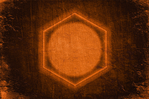 Bright blank empty dark rustic brown coloured grunge textured faded weathered smudged monochrome horizontal vector backgrounds with one big hexagon shape like benzene ring. There is no people and copy space. Can be used for science research, chemistry related scientific backdrops, brochures, web banner templates