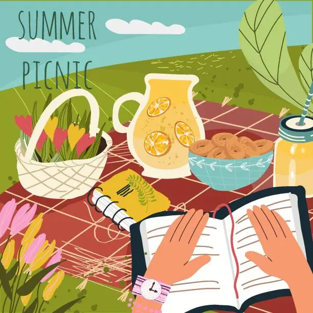 Vector illustration of Square postcard, background, picnic invitation Food, snacks, relaxation, trip to the sea, drinks on a blanket, outdoors during summer vacation, weekend.  Notebook, personal notes, diary, hands, hand drawn illustration vector.