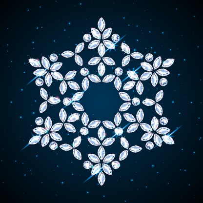 Diamond snowflake. Gemstones in the shape of a flower. Jewelry decoration for Christmas and New Year. 3D realistic neon illustration.Blue neon background vector.
