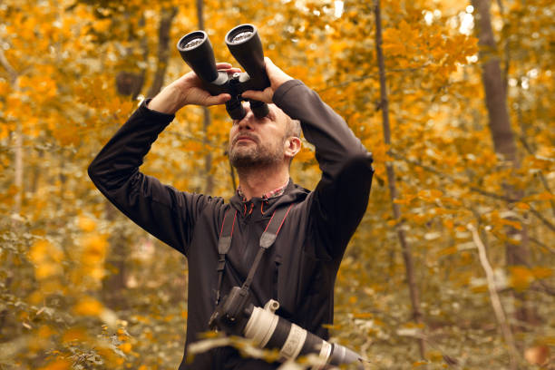 istock Man using binoculars for birdwatching and other observing animals in nature. 2012194624