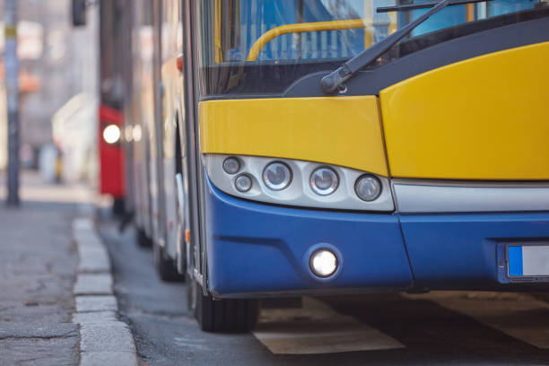 Public transportation bus in urban surroundings.