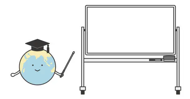 Vector illustration of Earth character pointing with a pointer at a whiteboard.