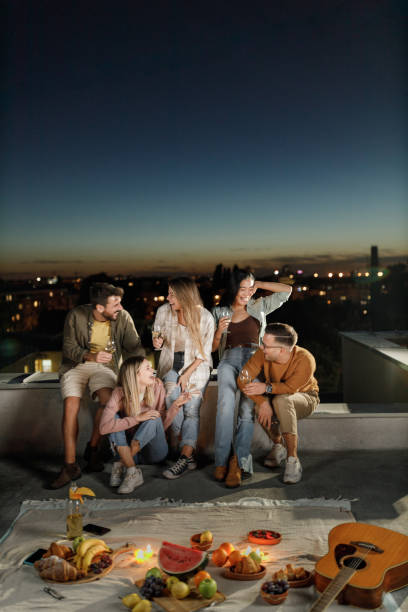 istock Cheerful friends having fun during party night on a roof. 2012201036