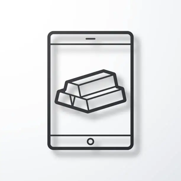 Vector illustration of Tablet PC with gold bars. Line icon with shadow on white background