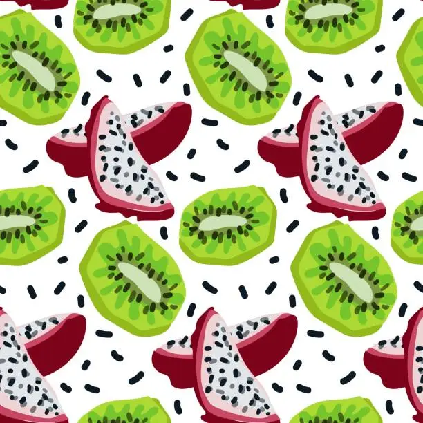 Vector illustration of Vector seamless pattern with tropical fruits. A healthy dessert. Fruit background. Dragon fruit and kiwi. Packaging, exotic food market advertising, wallpaper, summer banner. Summer vibe