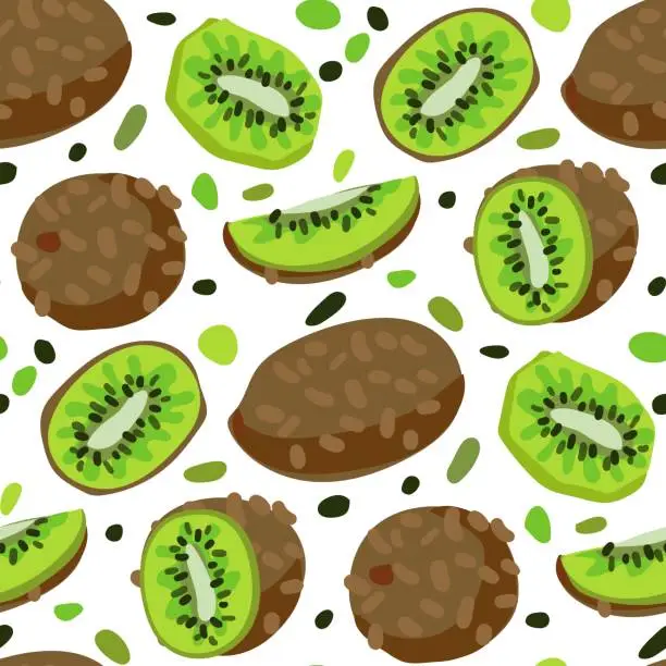 Vector illustration of Seamless kiwi pattern. Kiwi in different positions, whole and in section. Mix slices, kiwi halves. Wrapping paper, gift card, poster, banner design. Home decor, modern textile printing. Vector