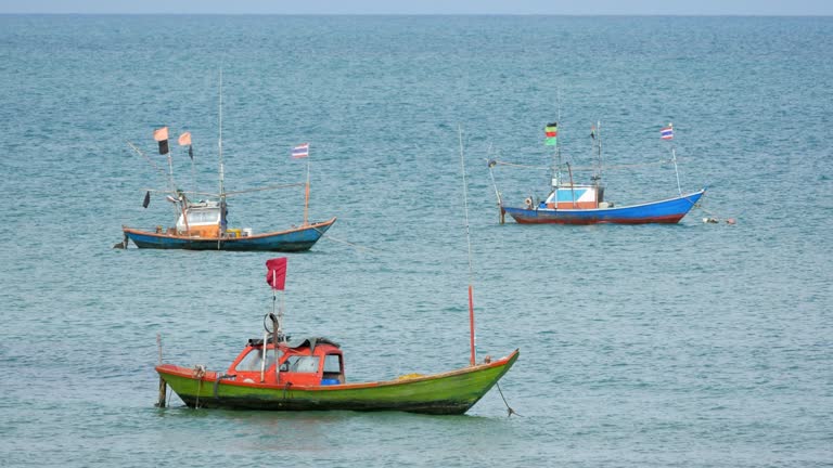 Small fishing boats sail along the lush sea on waves