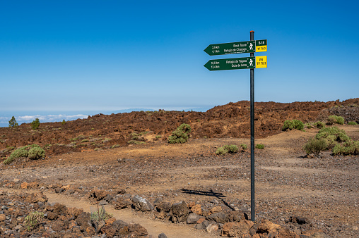 Green signpost, directing hikers in the volcanic landscape of Mount Tiede National Park, Tenerife, Spain.