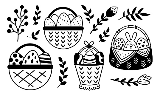 Black and white Easter basket clipart set. Easter doodle clipart in flat style. Hand drawn vector illustration.