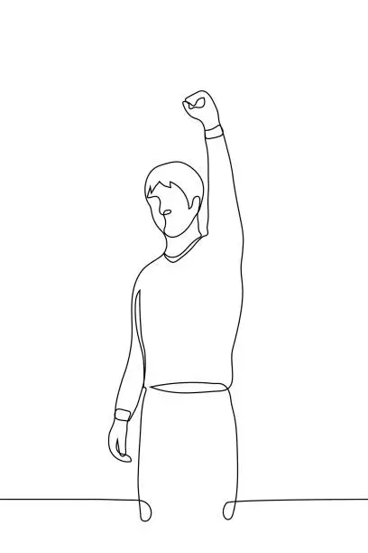 Vector illustration of man stands with a hand raised in a fist - one line drawing. Victory or Triumph Concept, Success, Motivational Action, Hwaiting - Korean Word meaning to Wish Someone Luck
