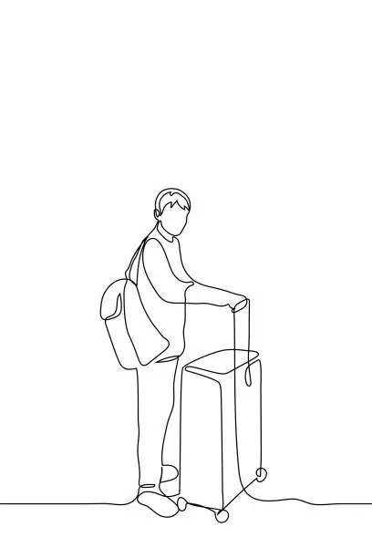 Vector illustration of man is standing in a suitcase, on his back is a backpack and he is looking at the viewer - one line drawing vector. concept before train departure, before flight