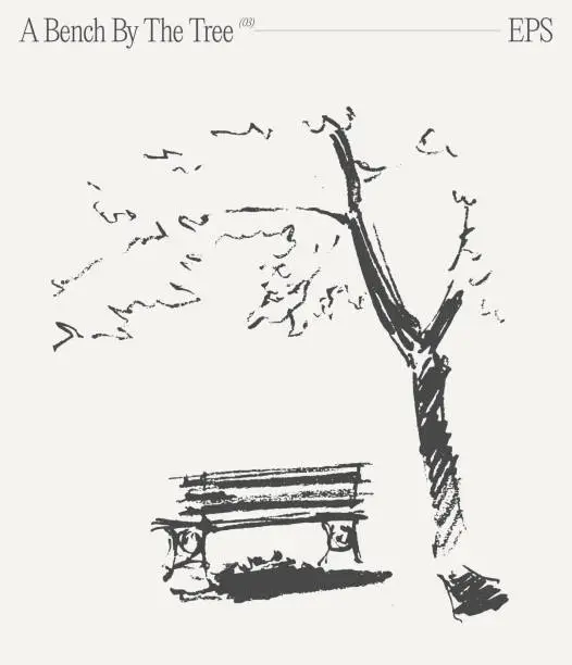 Vector illustration of A drawing of a bench under a tree. Hand drawn vector illustration, sketch.