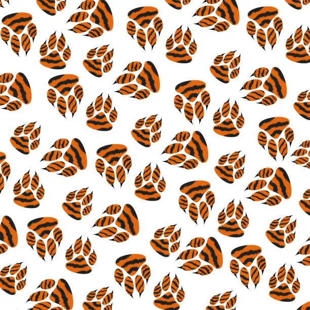 Vector illustration of Tiger pattern, tiger footprints, tiger paw print. Seamless pattern. Tiger print. For background, packaging, wallpaper.