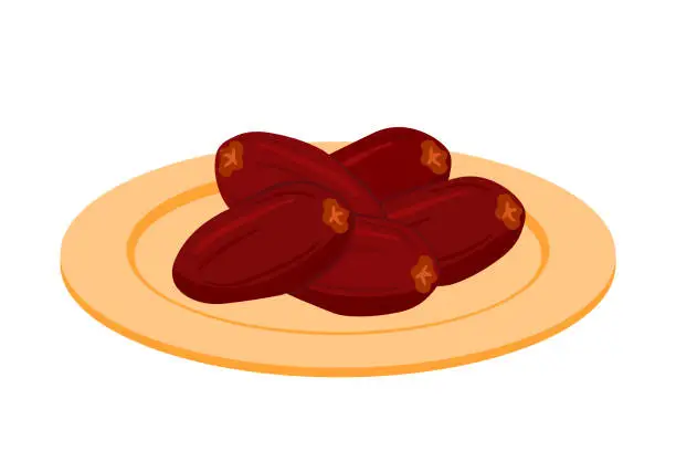 Vector illustration of Date fruit on plate in flat cartoon vector illustration for Ramadan and Eid Snack Food