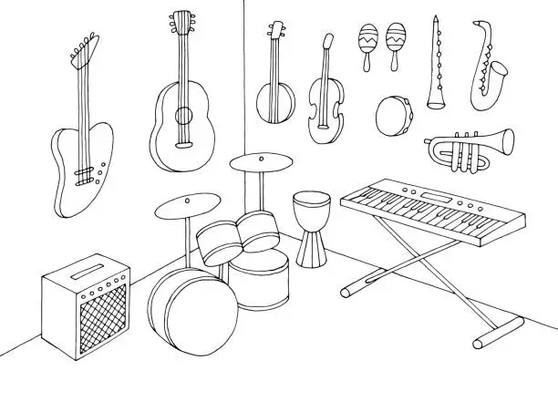 Vector illustration of Music store interior graphic black white sketch illustration vector