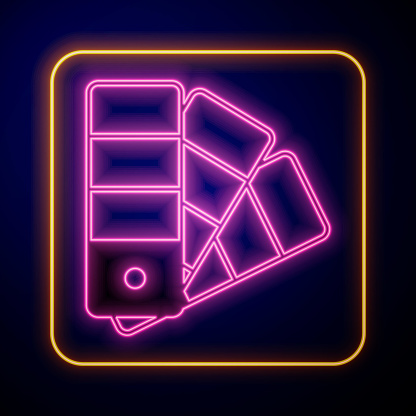 Glowing neon Color palette guide icon isolated on black background. Vector.