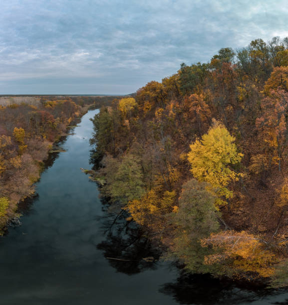 Aerial wide panorama of autumn river with mirror water, yellow forest landscape and cloudy sky. Wild riverside in Ukraine