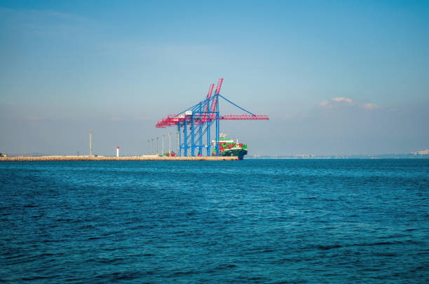 A container ship is berthed at a commercial dock, with towering gantry cranes ready for unloading, set against a backdrop of calm blue waters and a clear sky.