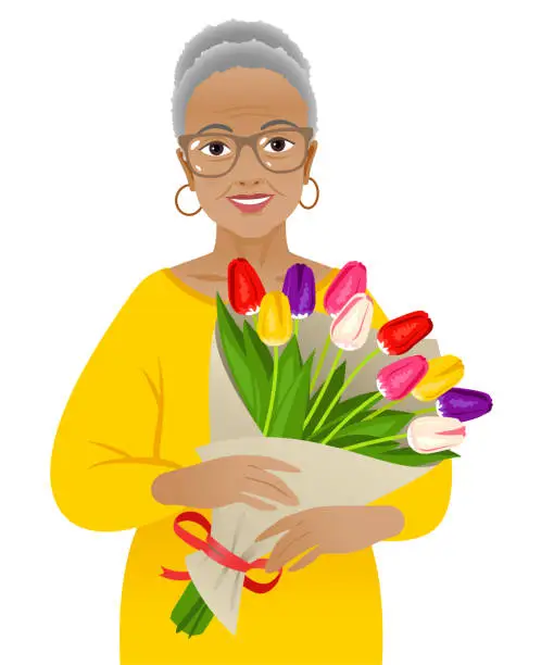 Vector illustration of Happy senior woman holding flowers