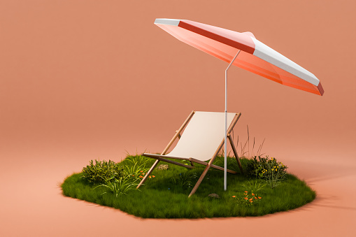 Holiday idyll with sun lounger and parasol on a grassy area isolated on infinite background; global warming concept; 3D rendering