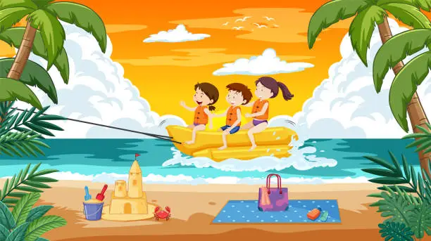 Vector illustration of Children riding banana boat at a tropical beach scene