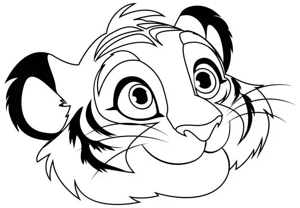 Vector illustration of Black and white drawing of a cheerful young lion.