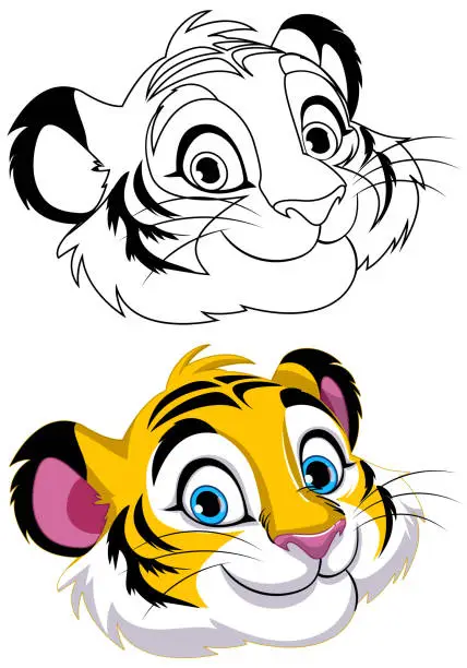 Vector illustration of Colorful and black and white tiger cub faces.