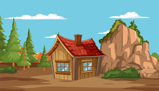 Vector illustration of a small cabin among trees