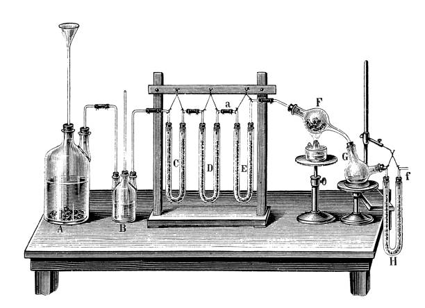 Why make it simple when complicated is funnier?This contraption was meant to prove the exact chemical composition of water. In the  two bottles on the left hydrogen was produced by oxidizing the zinc bits on the bottom of bottle A; no mention of bottle B or its function in the text (decoration? filter?); the three U-shaped pipes filtered  and exiccated  the hydrogen that was then run over hot copper oxide in the balloon F, and the resulting water was collected in the flask G. The last U-pipe would  then collect any possible escaped water vapour. Every single part of the device was accurately weighted before and after the experiment and if no error crept in a few simple calculation proved that water is exactly H2O. There's no account for fun...