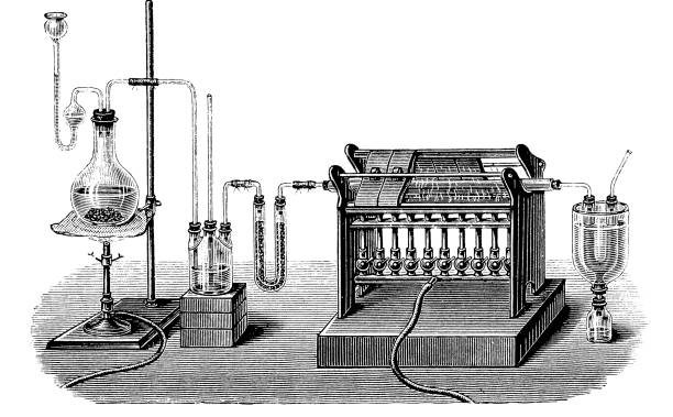 Lab equipment for production of  silicon tetrachloride : SiO2+Cl4+C2=SiCl4+2 CO. The silicon tetrachloride is condensed to colorless liquid form.
