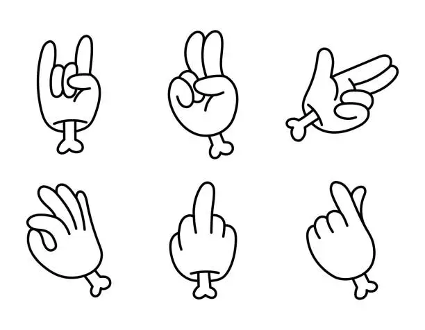 Vector illustration of Retro groovy style hands set. Psychedelic hippie hand collection. Vintage hippy various palm sticker pack. Showing gestures victory, shaka, ok, rock and love. Abstract trendy y2k vector illustration