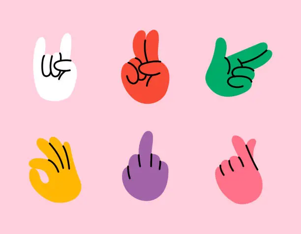 Vector illustration of Retro groovy style hands set. Psychedelic hippie hand collection. Vintage hippy various palm sticker pack. Showing gestures victory, shaka, ok, rock and love. Abstract trendy y2k vector illustration