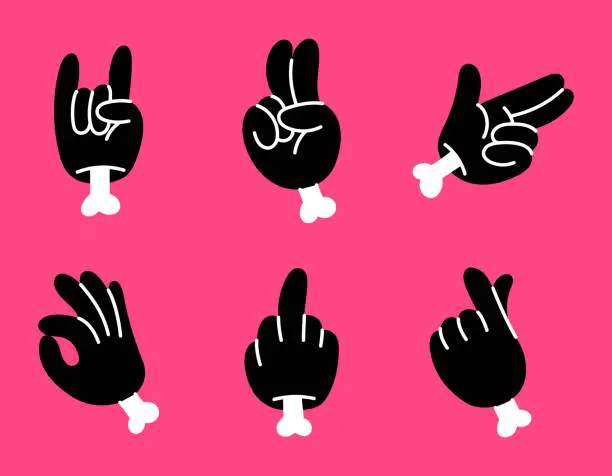 Vector illustration of Retro groovy style hands set. Psychedelic hippie hand collection. Vintage hippy various palm sticker pack. Showing gestures victory, shaka, ok, rock and love. Abstract trendy y2k vector illustration